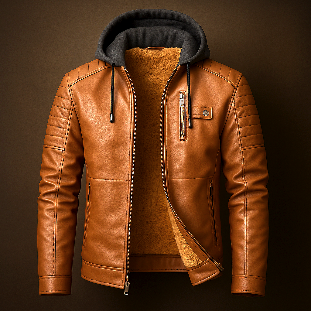 Brown hooded leather jacket with a zip-front closure, fleece lining, quilted shoulders, and zippered chest pocket displayed on a dark background.