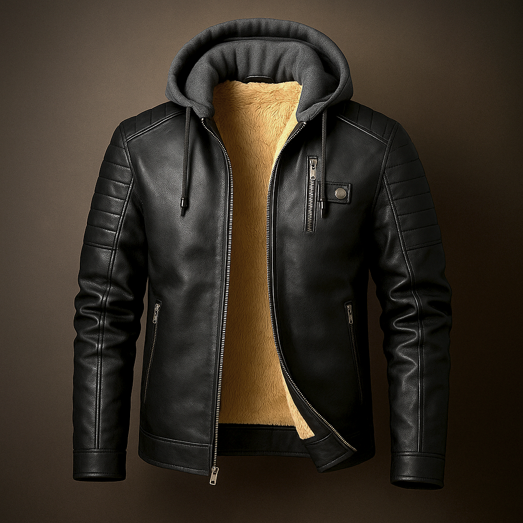 Black hooded leather jacket featuring a warm fleece lining, quilted shoulders, zip-front closure, and multiple zippered pockets.