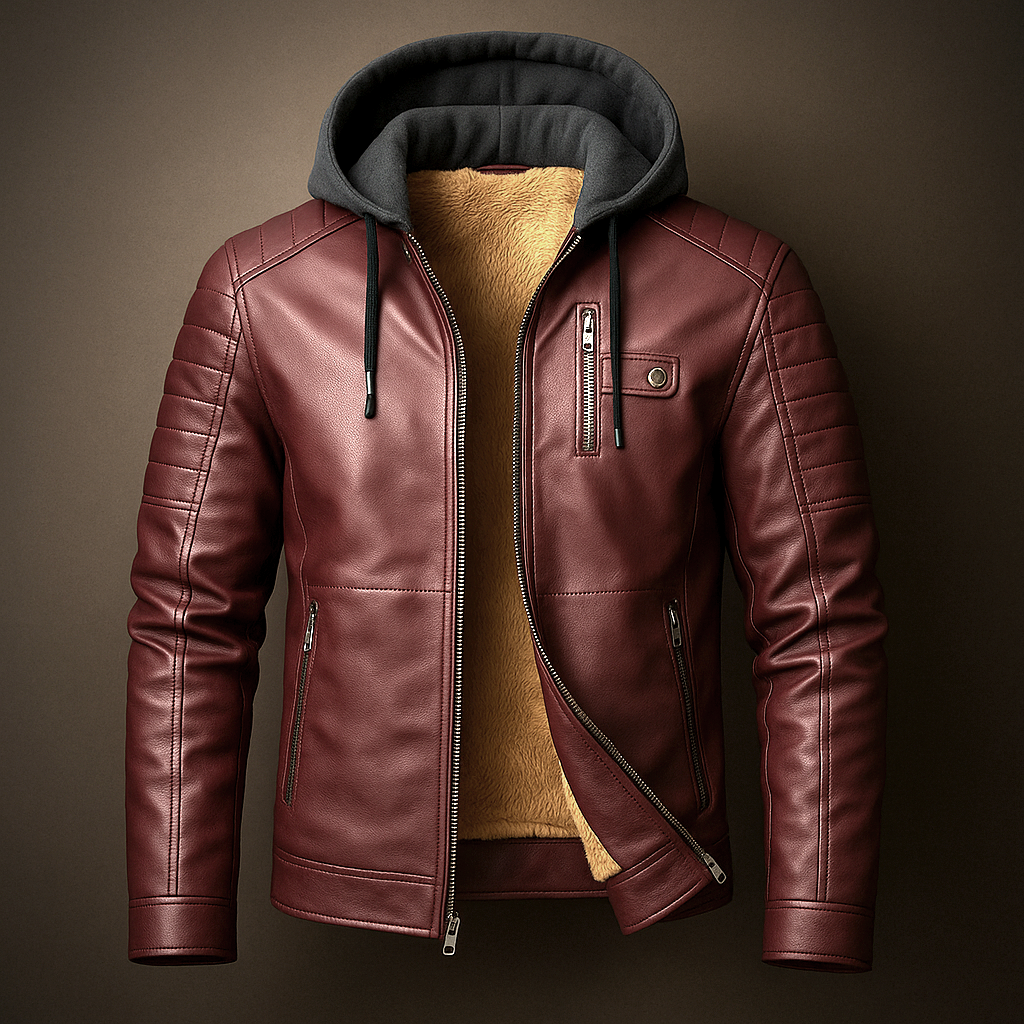 Burgundy hooded leather jacket with a fleece-lined interior, quilted shoulder panels, and zip-front closure on a dark background.
