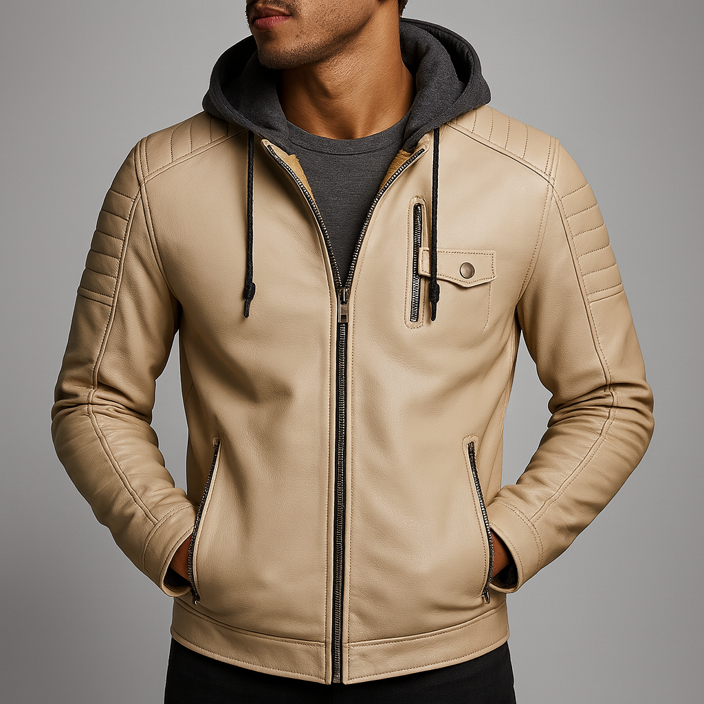 Man wearing a beige hooded leather jacket with fleece lining, quilted shoulders, and zippered pockets.