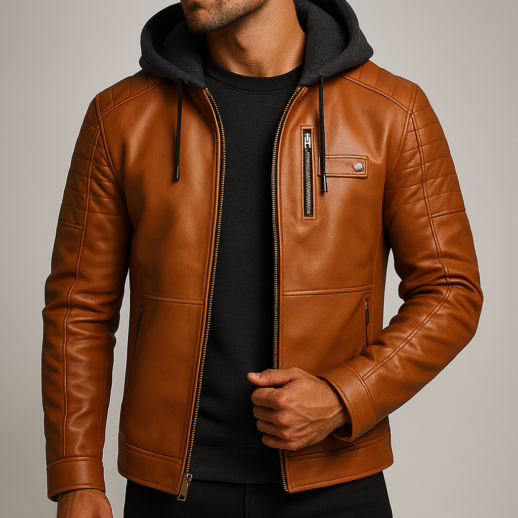 Man wearing a brown hooded leather jacket featuring a fleece-lined hood, quilted shoulders, and full-zip front.