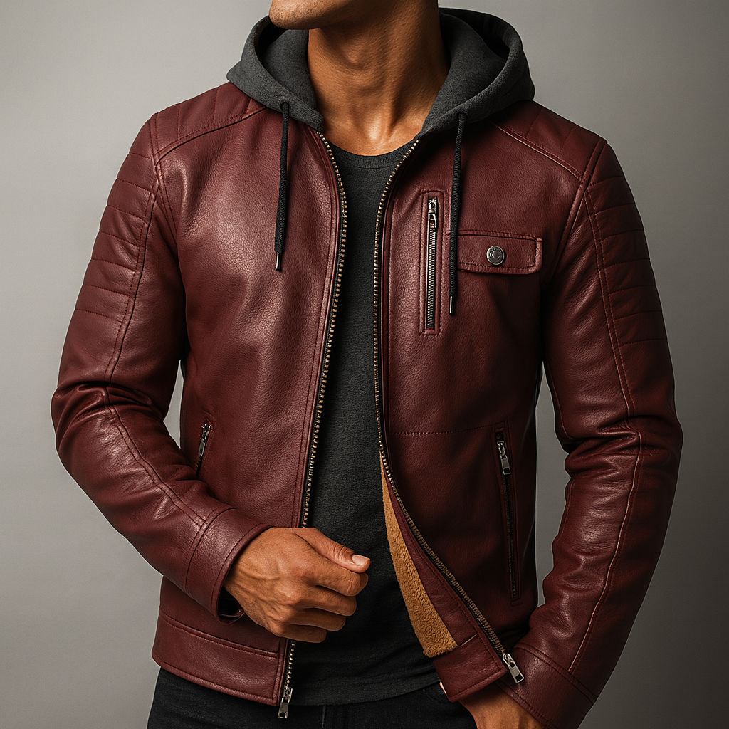 Man wearing a burgundy hooded leather jacket with quilted shoulders, fleece lining, and zippered chest pocket.