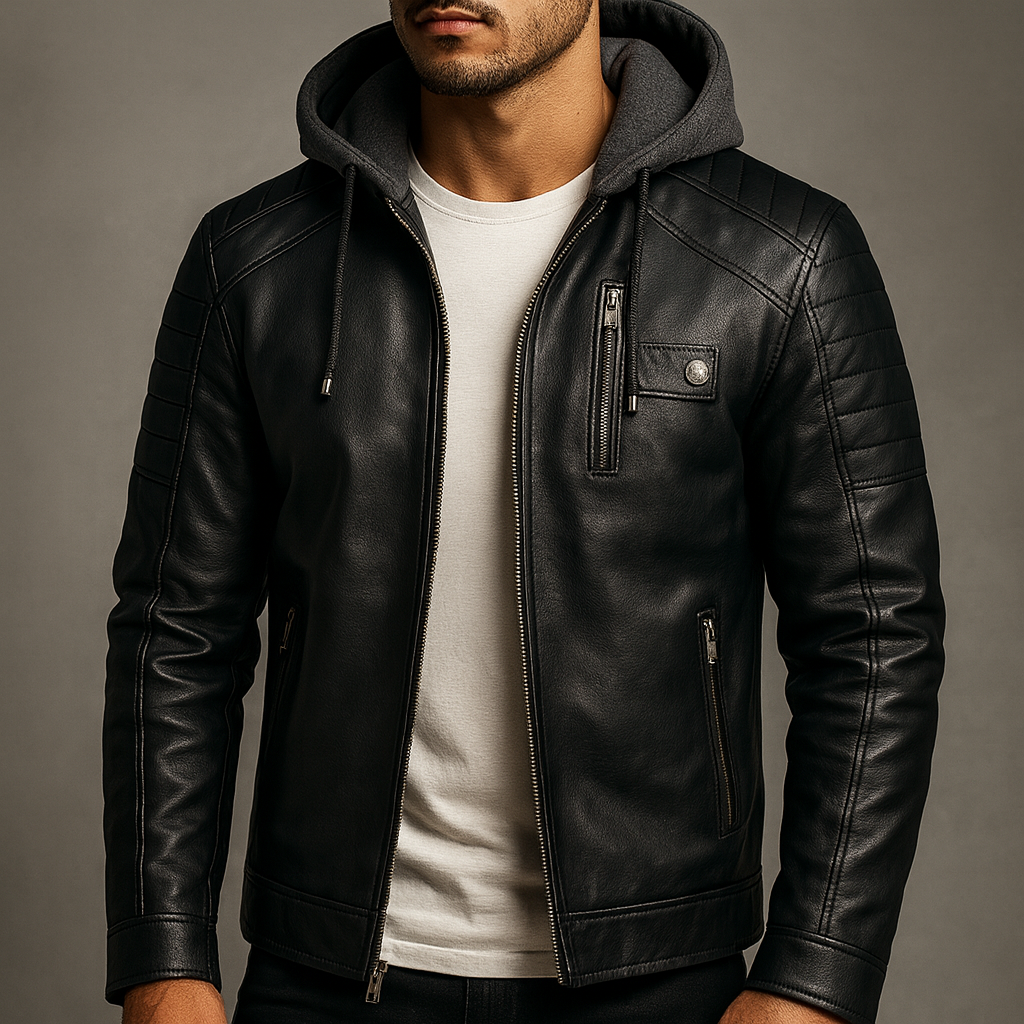 Man wearing a black hooded leather jacket with warm fleece lining, quilted shoulders, and zip-front closure over a white T-shirt.