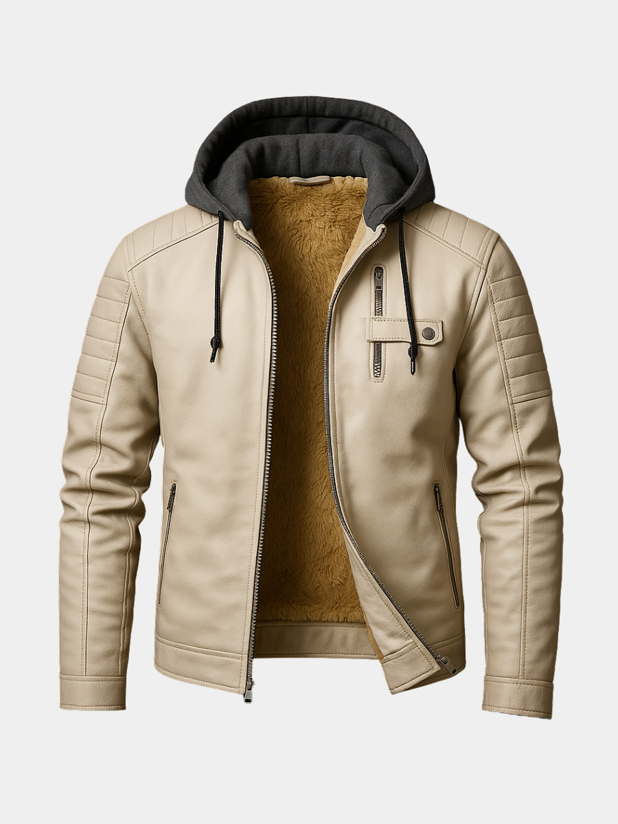 Beige hooded leather jacket with a zip-front closure, quilted shoulders, fleece lining, and zippered chest and side pockets displayed on a white background.