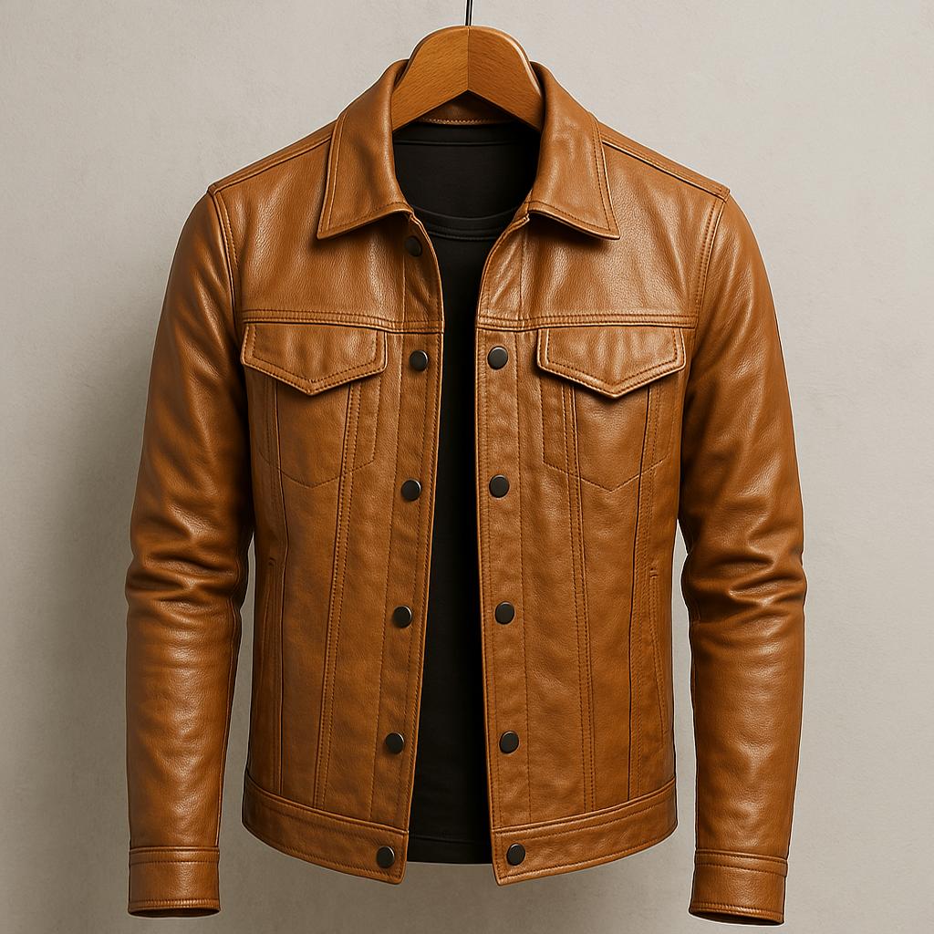 Vittorio Premium Leather Trucker Jacket – Snap-Button Flap-Pocket Tailored Outerwear