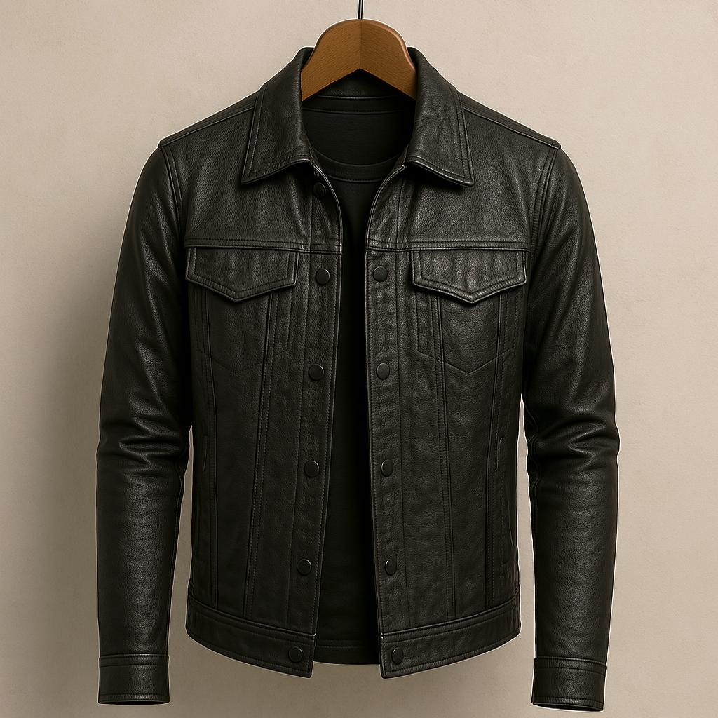 Vittorio Premium Leather Trucker Jacket – Snap-Button Flap-Pocket Tailored Outerwear