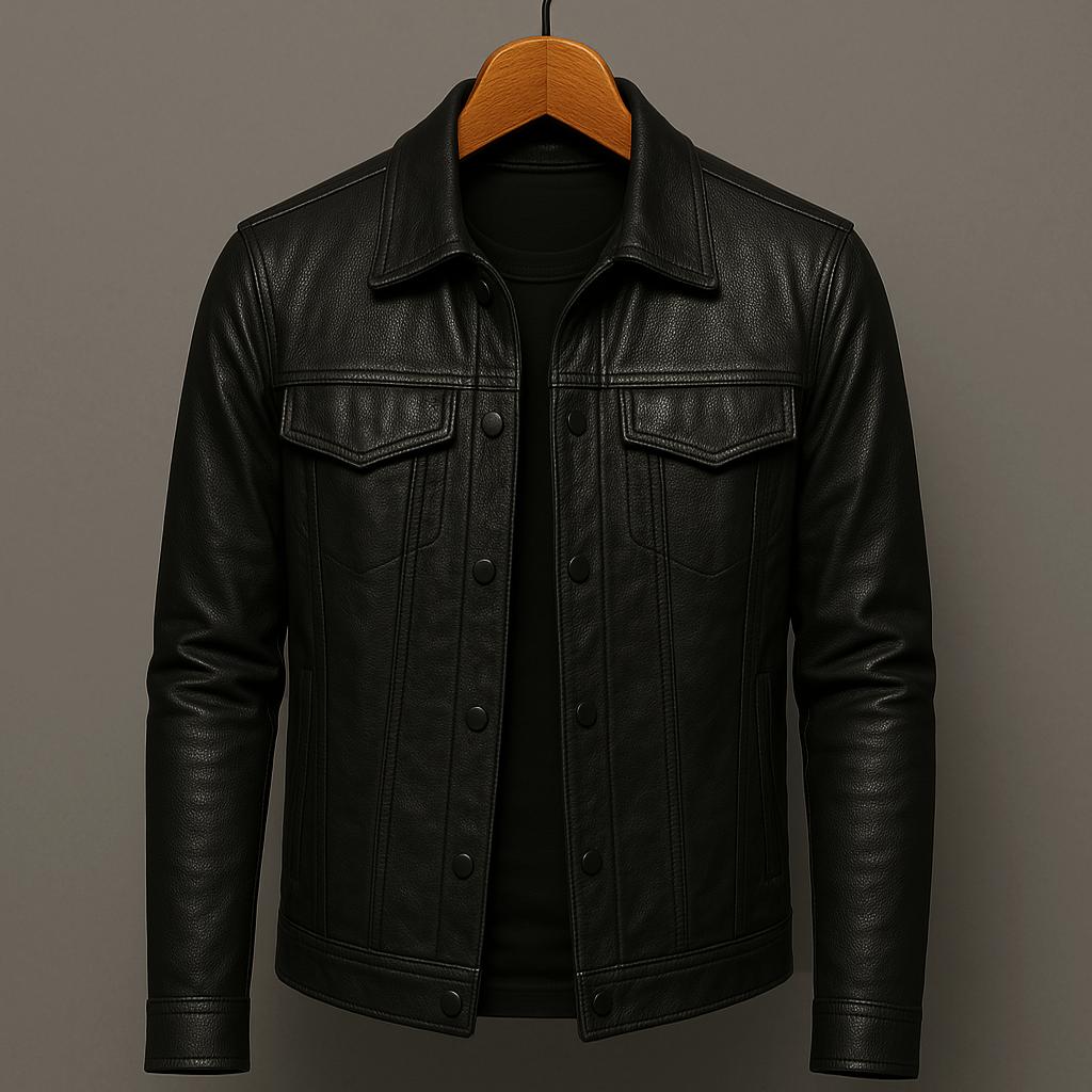 Vittorio Premium Leather Trucker Jacket – Snap-Button Flap-Pocket Tailored Outerwear