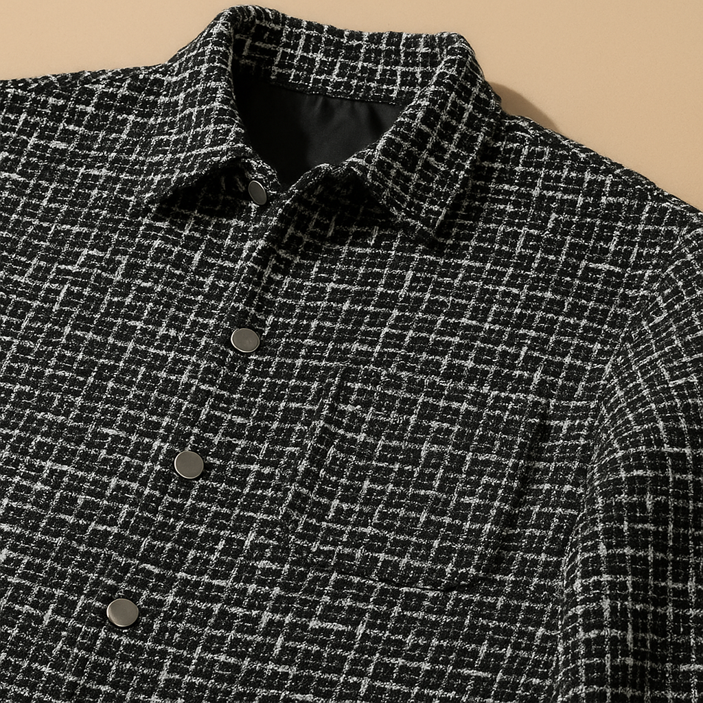 Close-up of a black and white plaid textured overshirt jacket showing the spread collar, button closure, and patterned fabric.