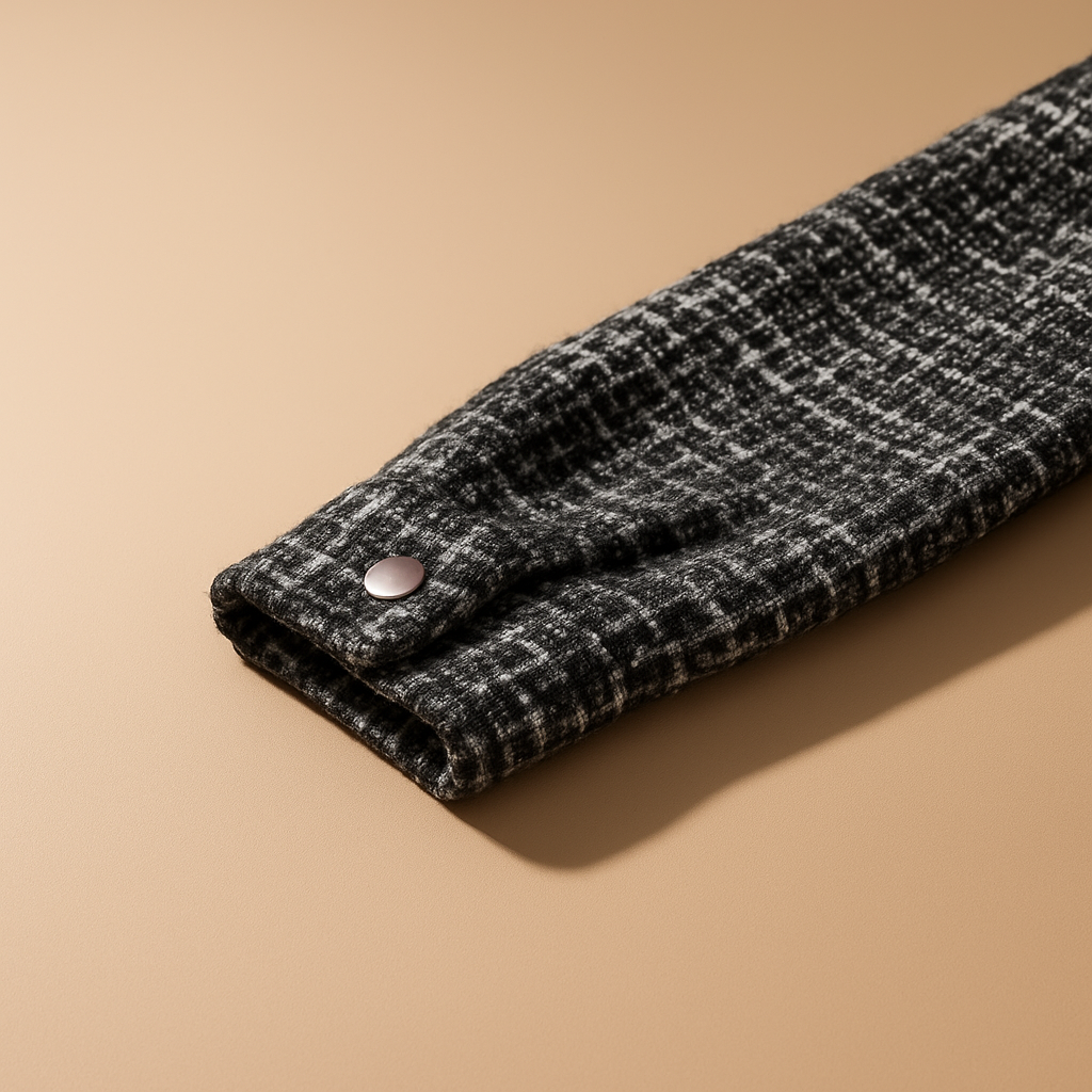 Close-up of the sleeve cuff of a black and white plaid textured overshirt jacket, showing the button closure and plaid fabric.