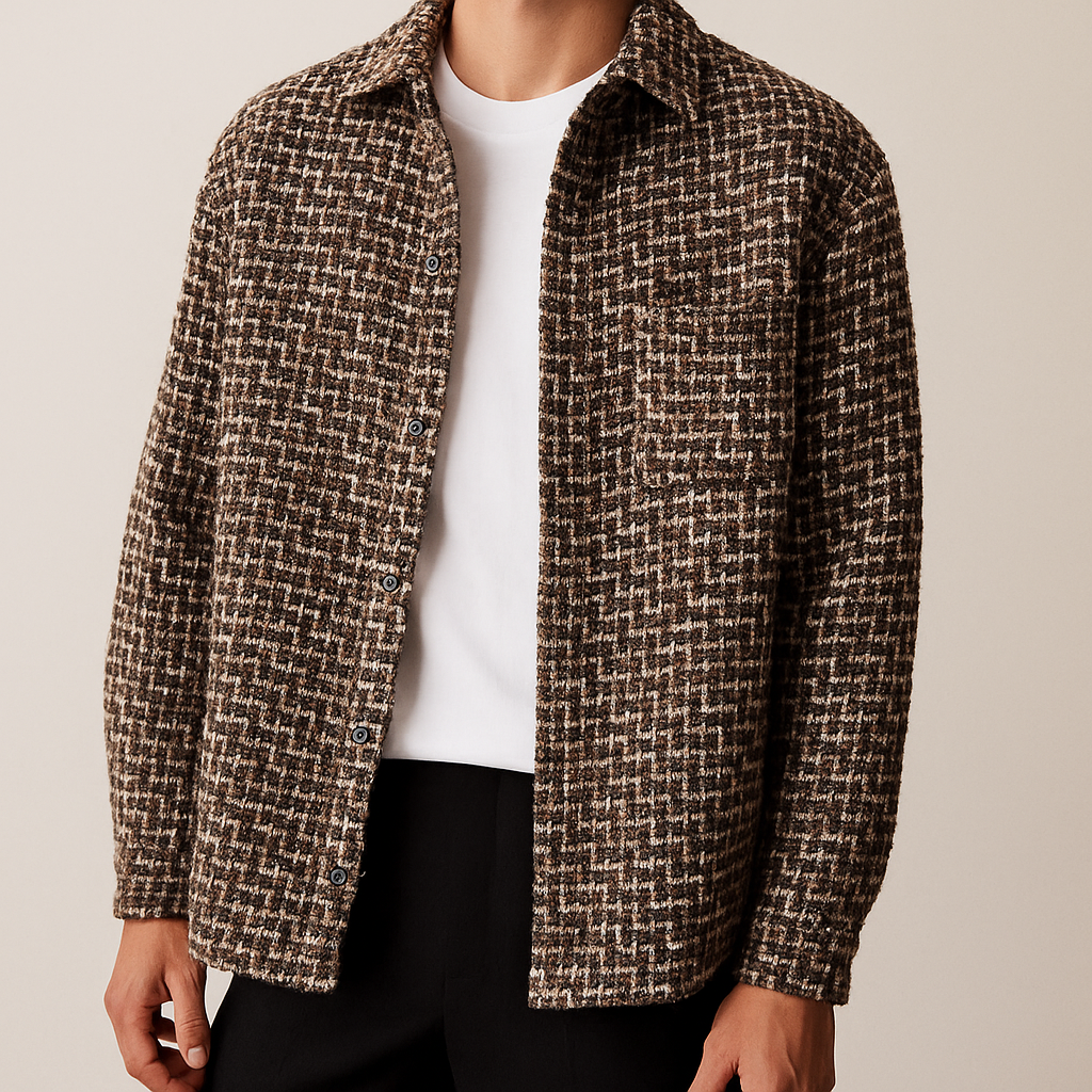 Man wearing a brown textured plaid overshirt jacket over a white tee with dark trousers.