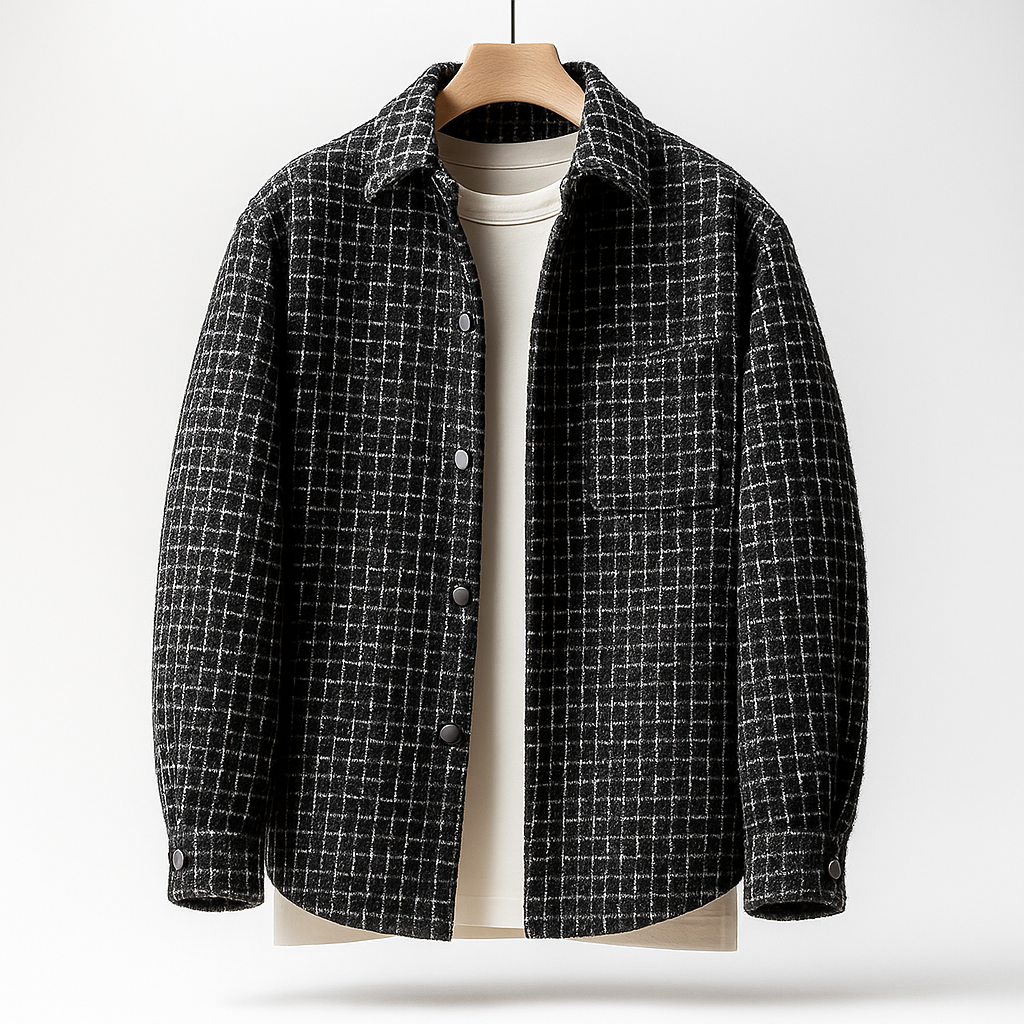 Black and white plaid textured overshirt jacket with a button-front closure, spread collar, long sleeves, and relaxed fit, displayed on a hanger over a white shirt.