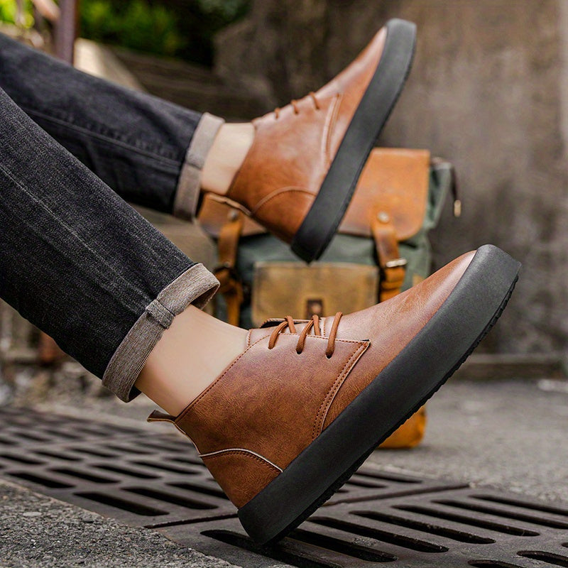 A seated person with legs crossed wearing brown leather chukka-style boots and cuffed jeans, a backpack visible in the background outdoors.