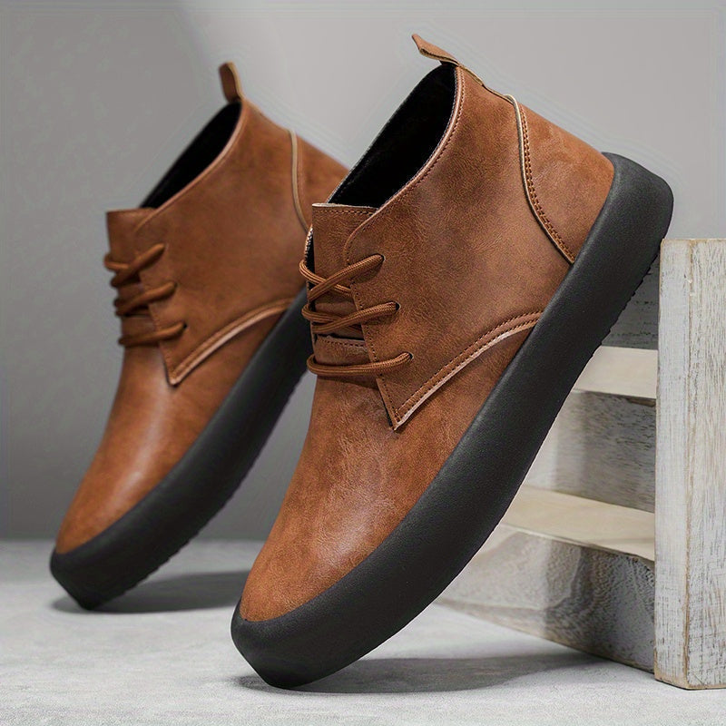 Pair of brown leather chukka-style boots leaning against a wooden crate on a textured concrete surface.