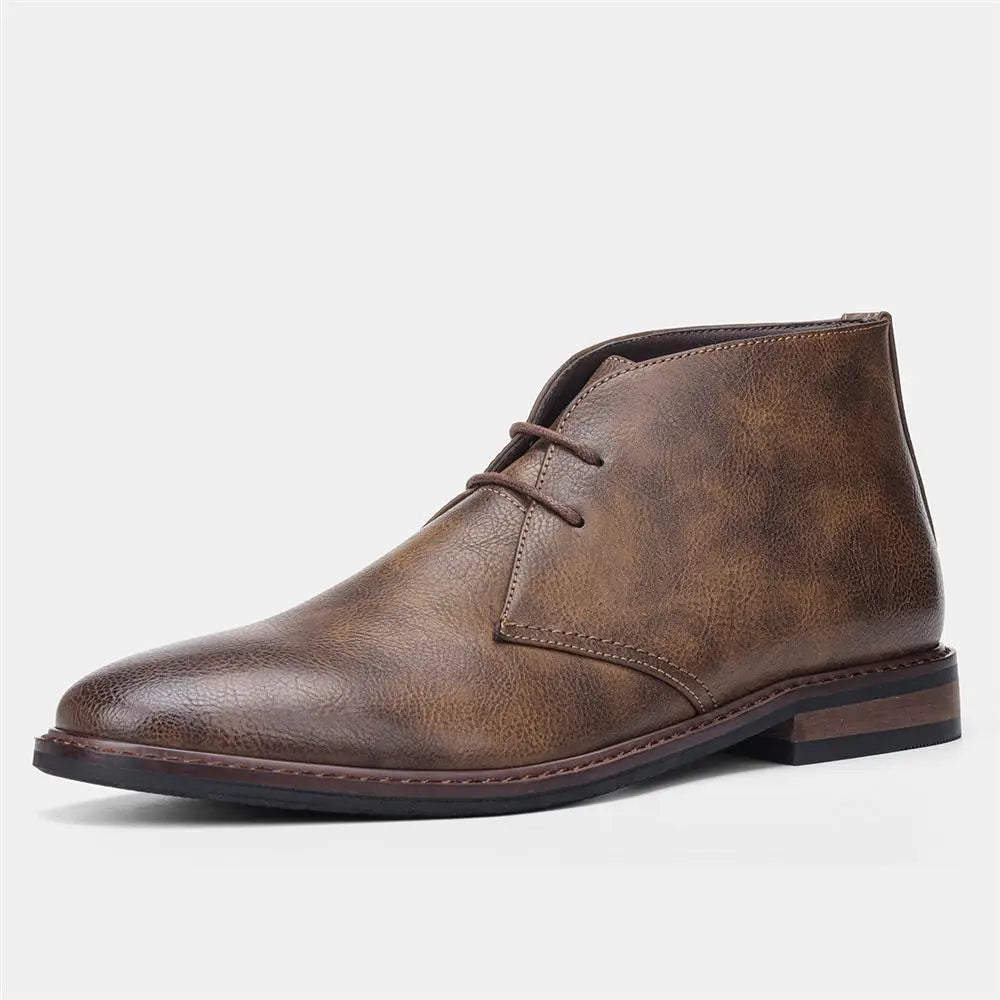 A single distressed marbled-brown leather chukka boot shown in side profile on a plain white background.
