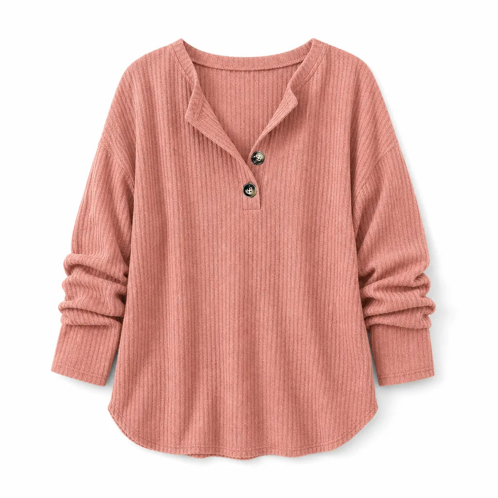 Women's pink waffle knit Henley sweater with a V-neck button placket, curved hem, and long sleeves.