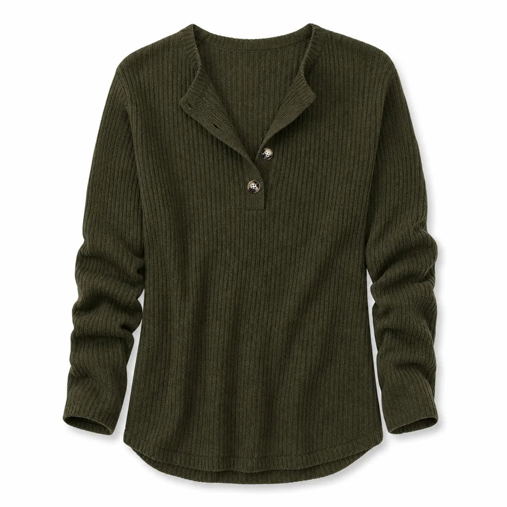 Women's olive green waffle knit Henley sweater featuring a V-neck button placket, long sleeves, and a relaxed fit.