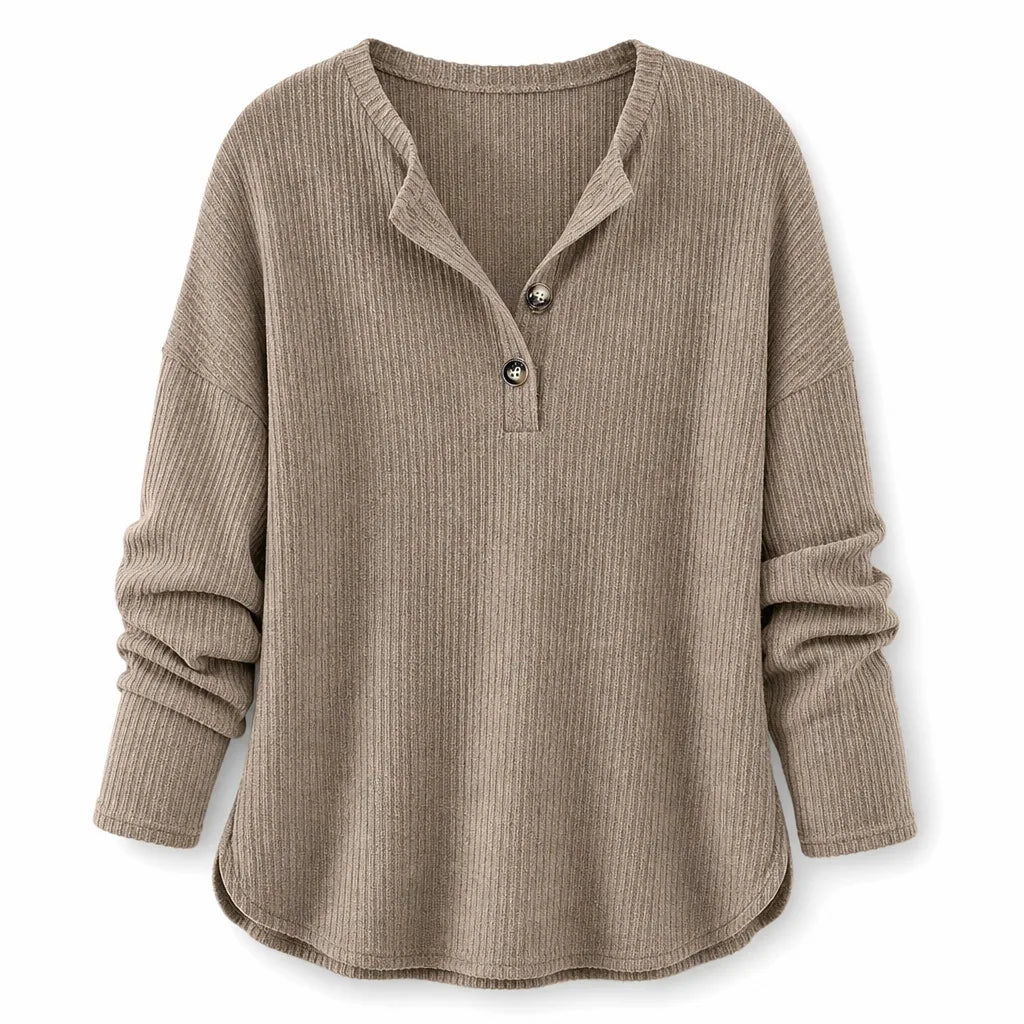 Women's taupe waffle knit Henley sweater with a V-neck button placket, curved hem, and relaxed silhouette.