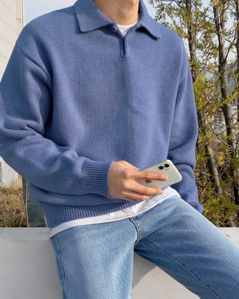 Winston Wool Collared Button Sweater – Relaxed Oversized Polo-Neck Knitwear