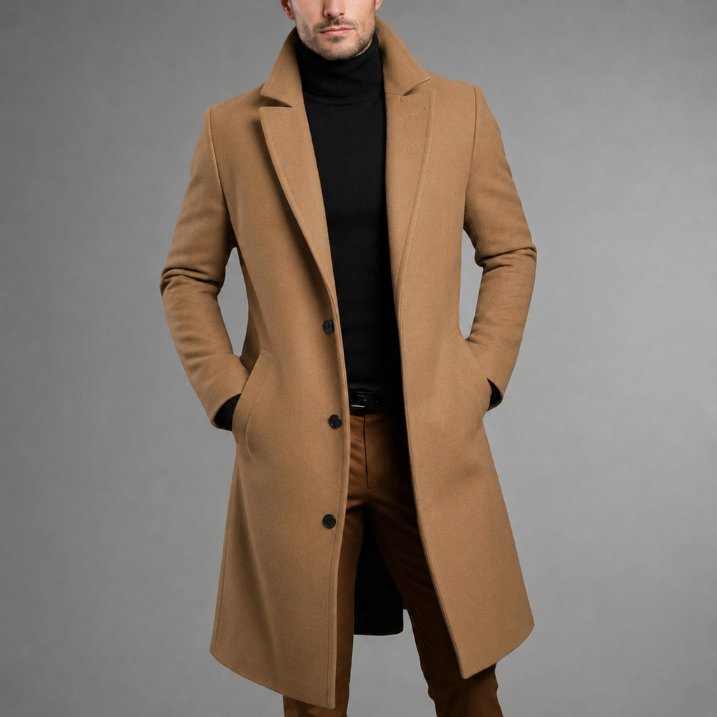 Camel wool blend longline overcoat featuring a structured slim fit, notched lapels, and a classic button-front closure.