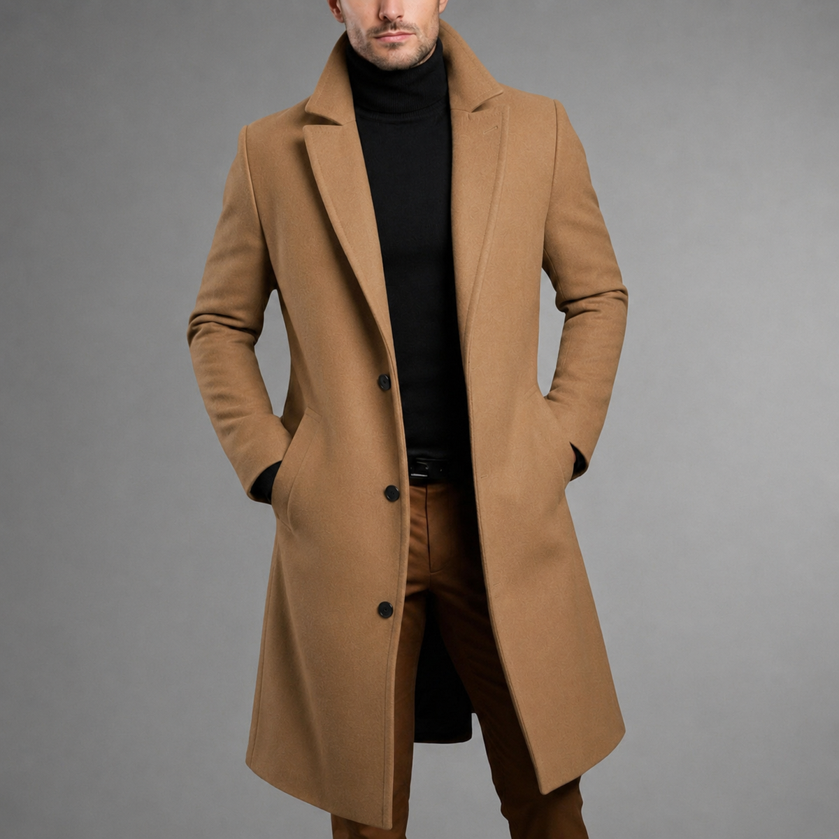 Camel wool blend longline overcoat featuring a structured slim fit, notched lapels, and a classic button-front closure.