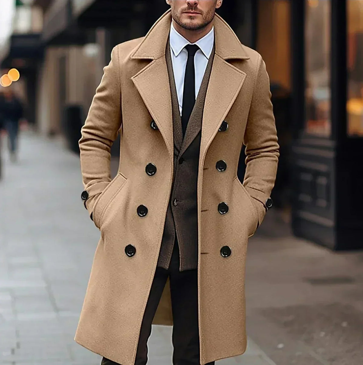 Camel wool double-breasted trench coat with structured lapels and black buttons, worn over a tailored suit on a city street.