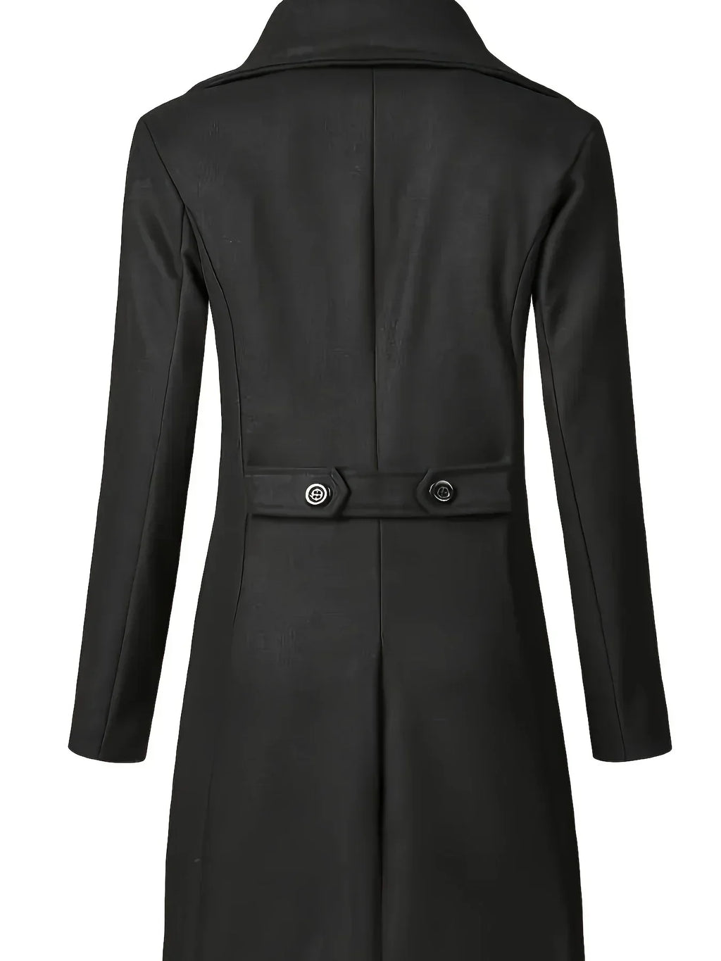 Back view of a black wool mid-length trench coat featuring a structured silhouette and a buttoned waist tab detail.