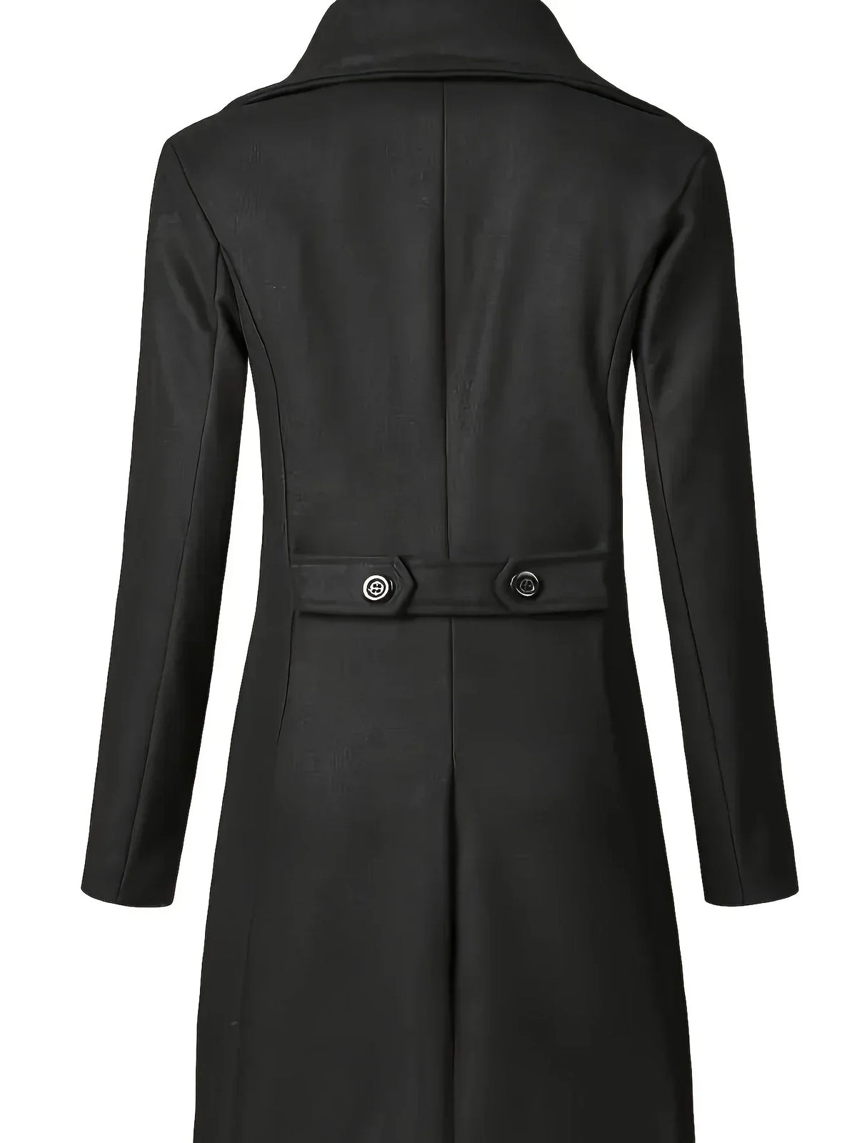 Back view of a black wool mid-length trench coat featuring a structured silhouette and a buttoned waist tab detail.