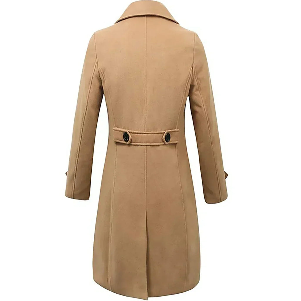 Camel wool mid-length trench coat viewed from the back, featuring a tailored silhouette and a buttoned waist tab.