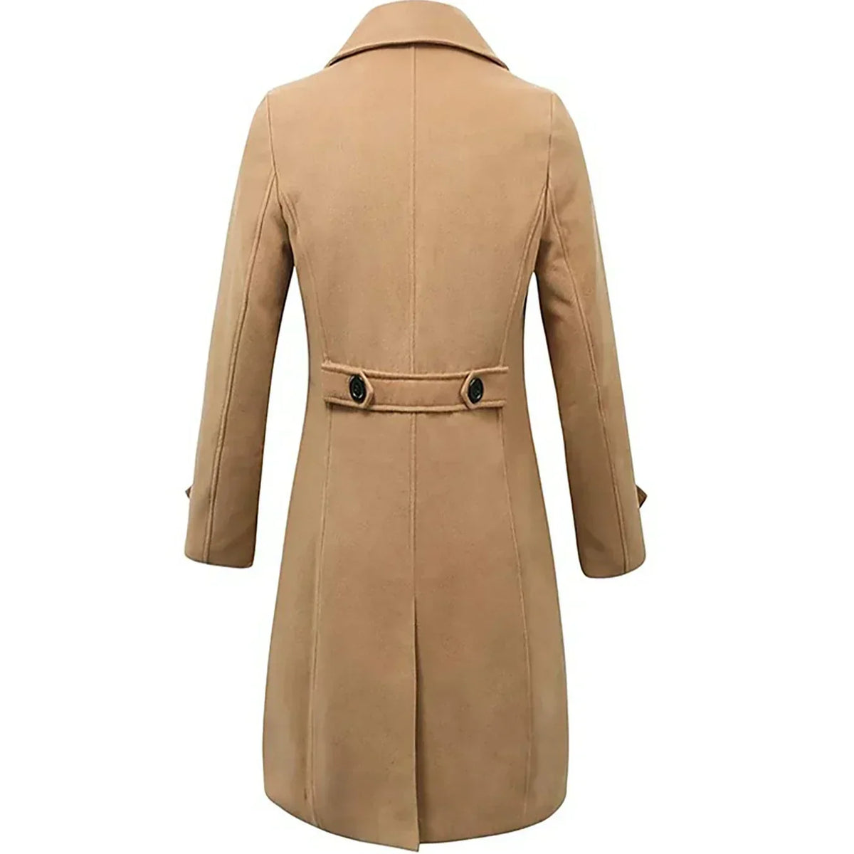 Camel wool mid-length trench coat viewed from the back, featuring a tailored silhouette and a buttoned waist tab.