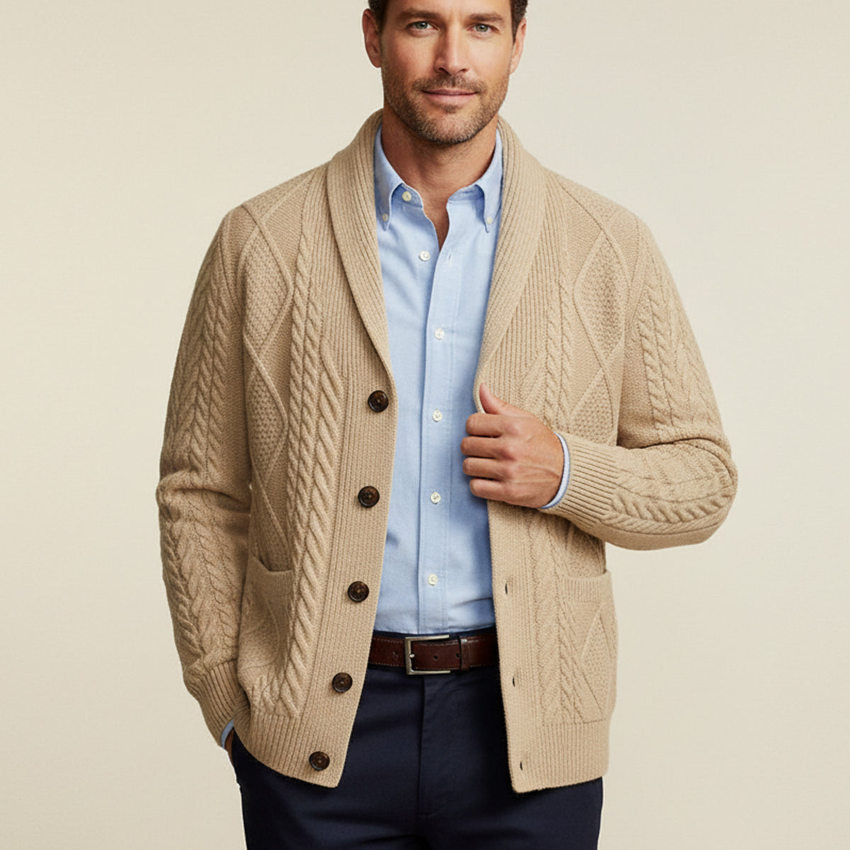 Xavier Cable-Knit Cardigan – Shawl-Collar Relaxed Button Knitwear