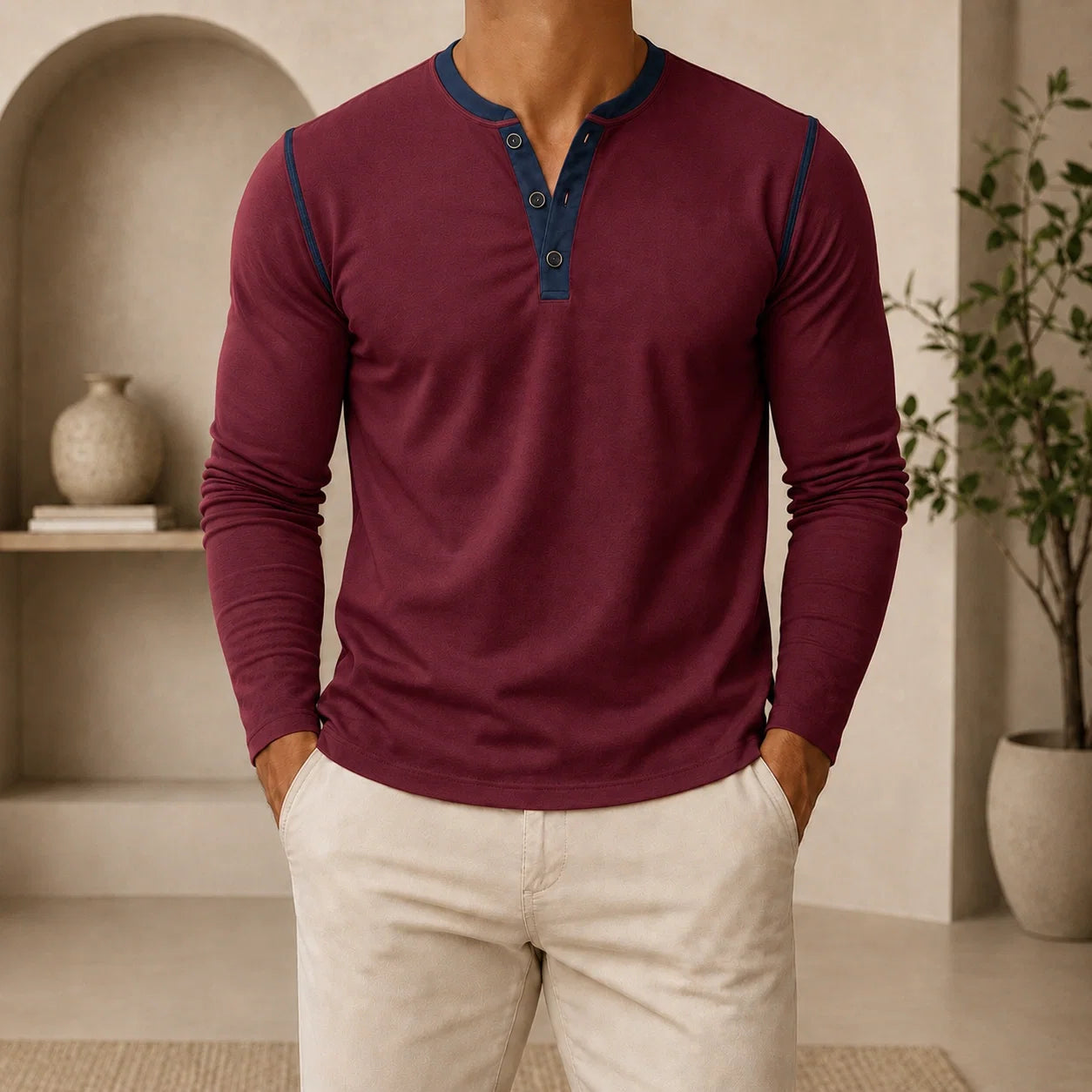 Man wearing a burgundy long-sleeve Henley sweater featuring a contrast navy placket, three-button neckline, and modern slim fit.