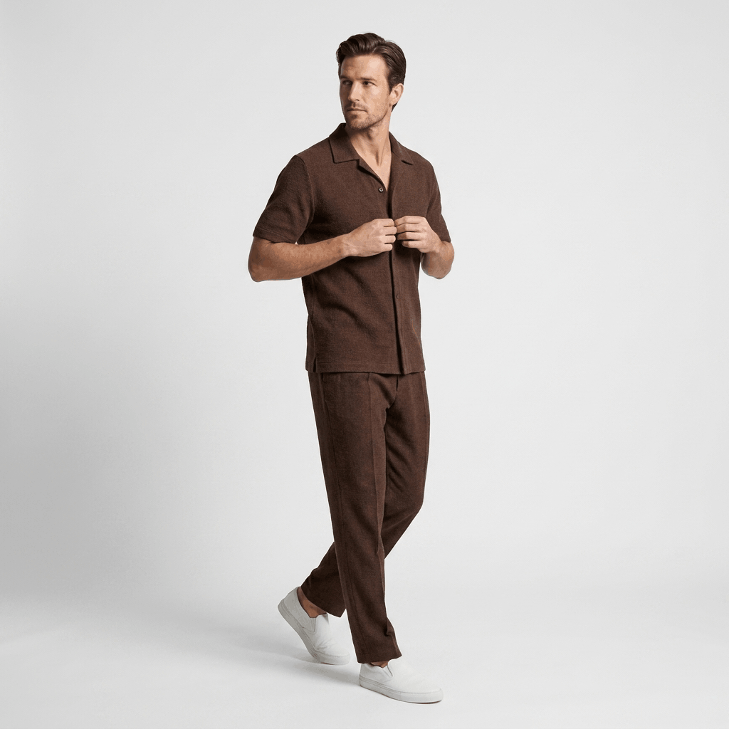 Man wearing a brown short-sleeve cotton shirt with matching trousers, standing with hands clasped.