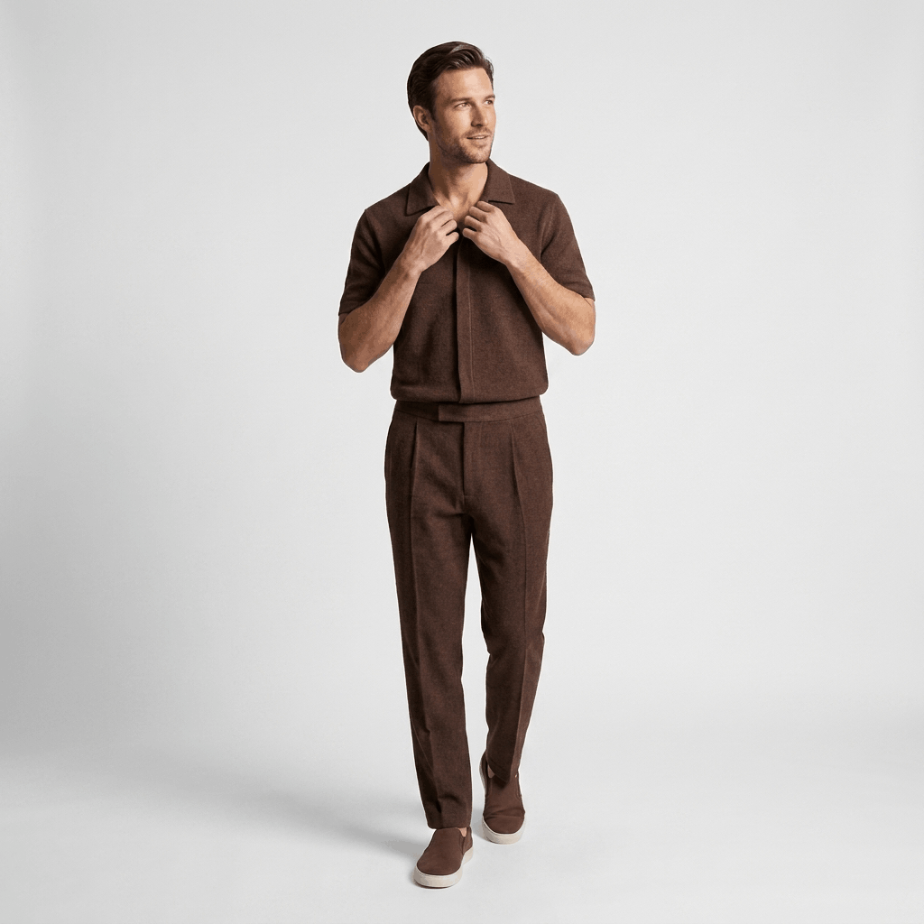 Man wearing a brown cotton short-sleeve shirt with matching trousers in a full-body studio portrait.