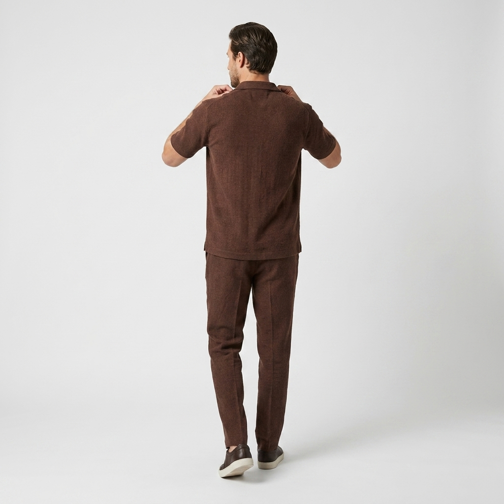 Back view of a man wearing a brown cotton short-sleeve shirt with matching linen trousers.