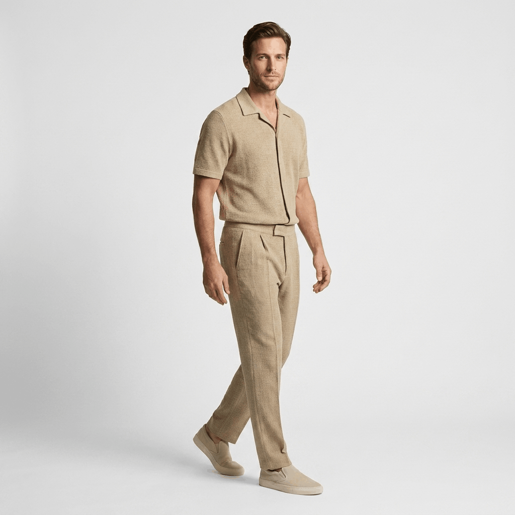 Man walking in a beige cotton short-sleeve shirt and matching trousers with white sneakers.