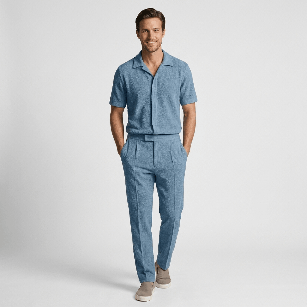 Man wearing a light blue cotton short-sleeve shirt with matching trousers and white sneakers.