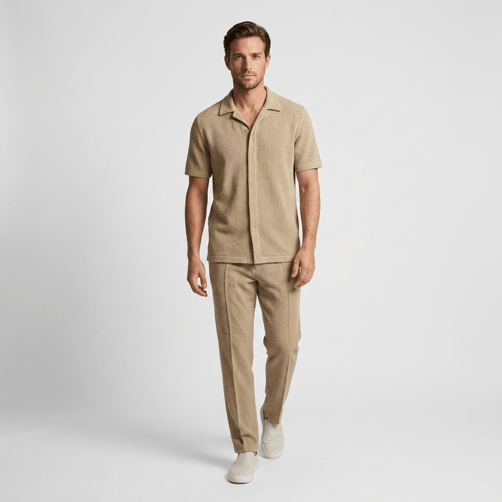 Man wearing a beige cotton short-sleeve linen shirt with matching trousers and white sneakers in a full-body studio portrait.