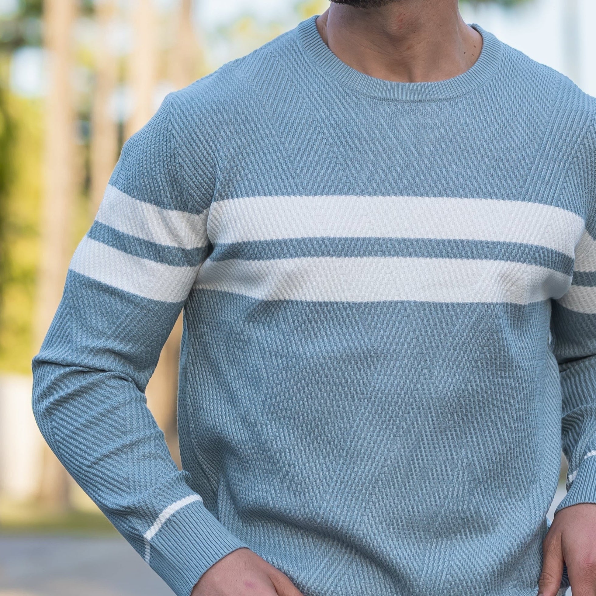 Man wearing light blue striped crewneck knit sweater outdoors, close-up torso view