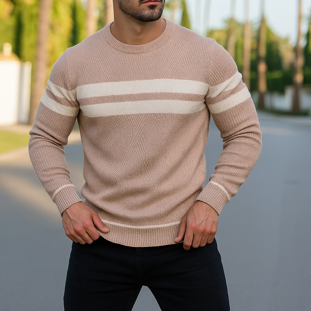 Man wearing beige and white striped crewneck knit sweater outdoors, close-up torso view