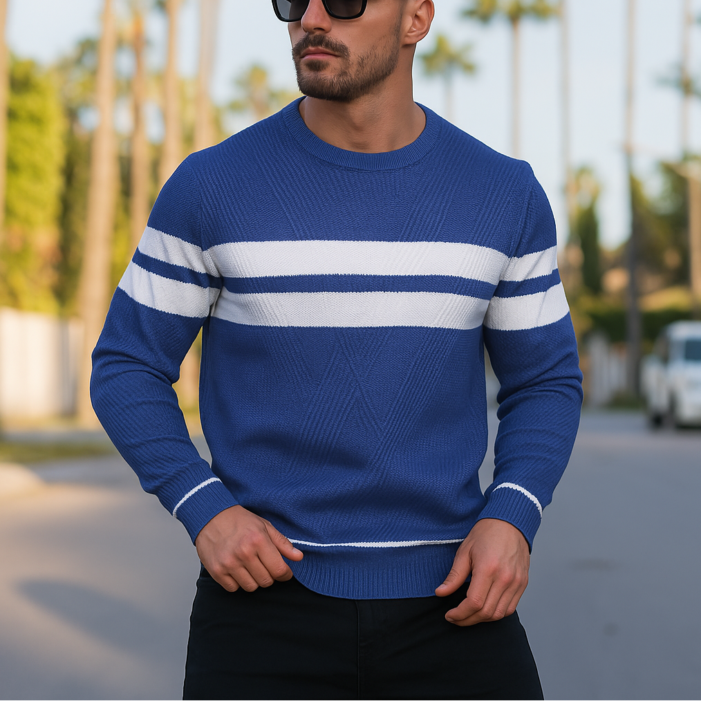 Man wearing blue and white striped crewneck knit sweater outdoors, close-up torso view