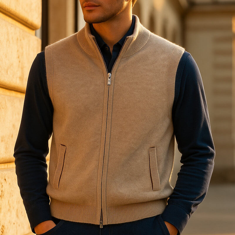 Man wearing a beige sleeveless zip-up sweater vest featuring a stand collar, front zipper, and side pockets.
