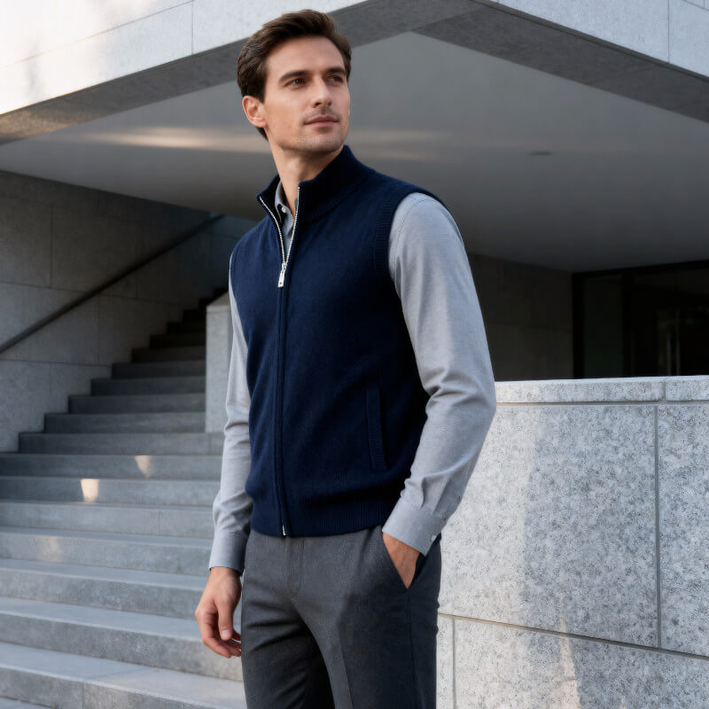 Man wearing a navy knit zip-up sweater vest with a stand collar layered over a light blue dress shirt.