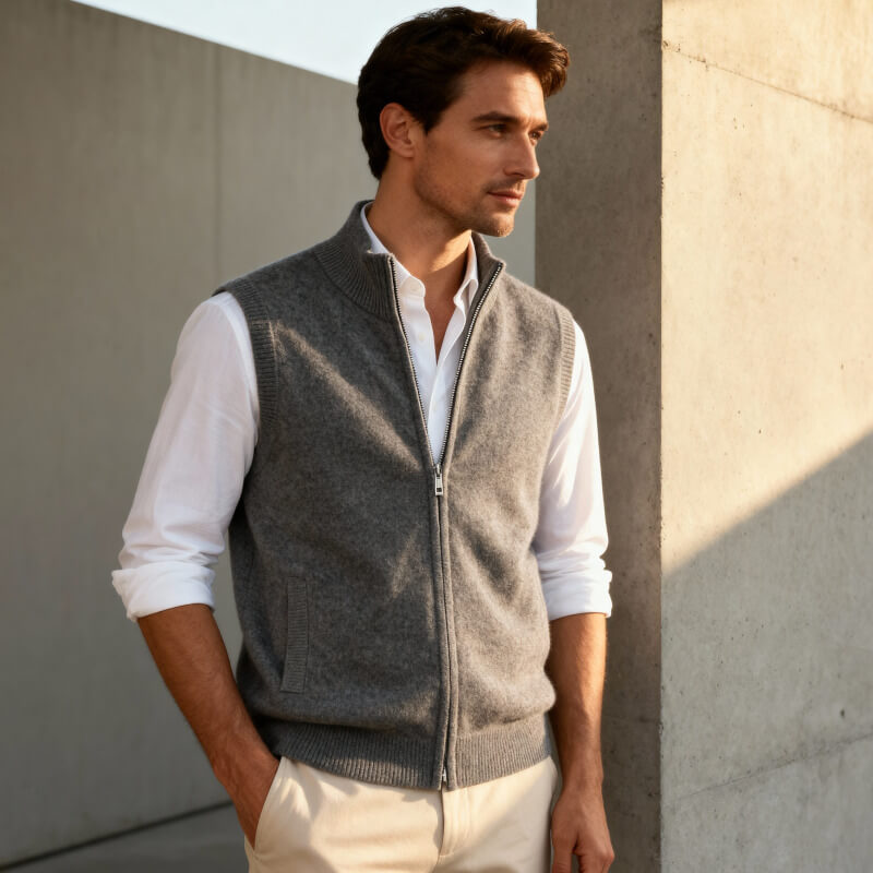 Man wearing a light gray sleeveless zip-up sweater vest with a stand collar over a white button-down shirt.