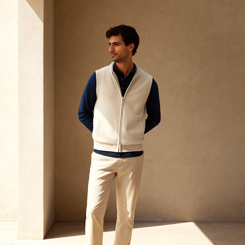 Back view of a man wearing a cream zip-up knit sweater vest with a stand collar and ribbed hem.