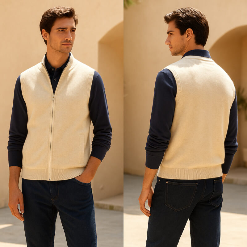 Front and back views of a men's cream sleeveless zip-up sweater vest with a stand collar and ribbed trim.