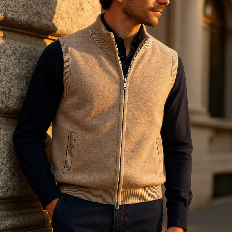 Man wearing a beige zip-up knit sweater vest with a stand collar, sleeveless design, and front zip closure layered over a navy long-sleeve shirt.