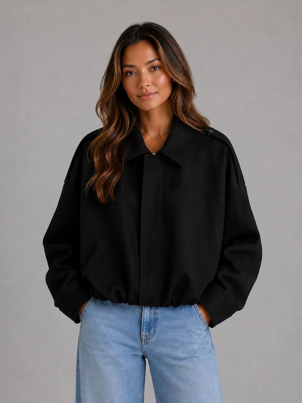 Olivia Oversized Bomber Jacket – Brushed Folded Collar Drop Shoulder Outerwear