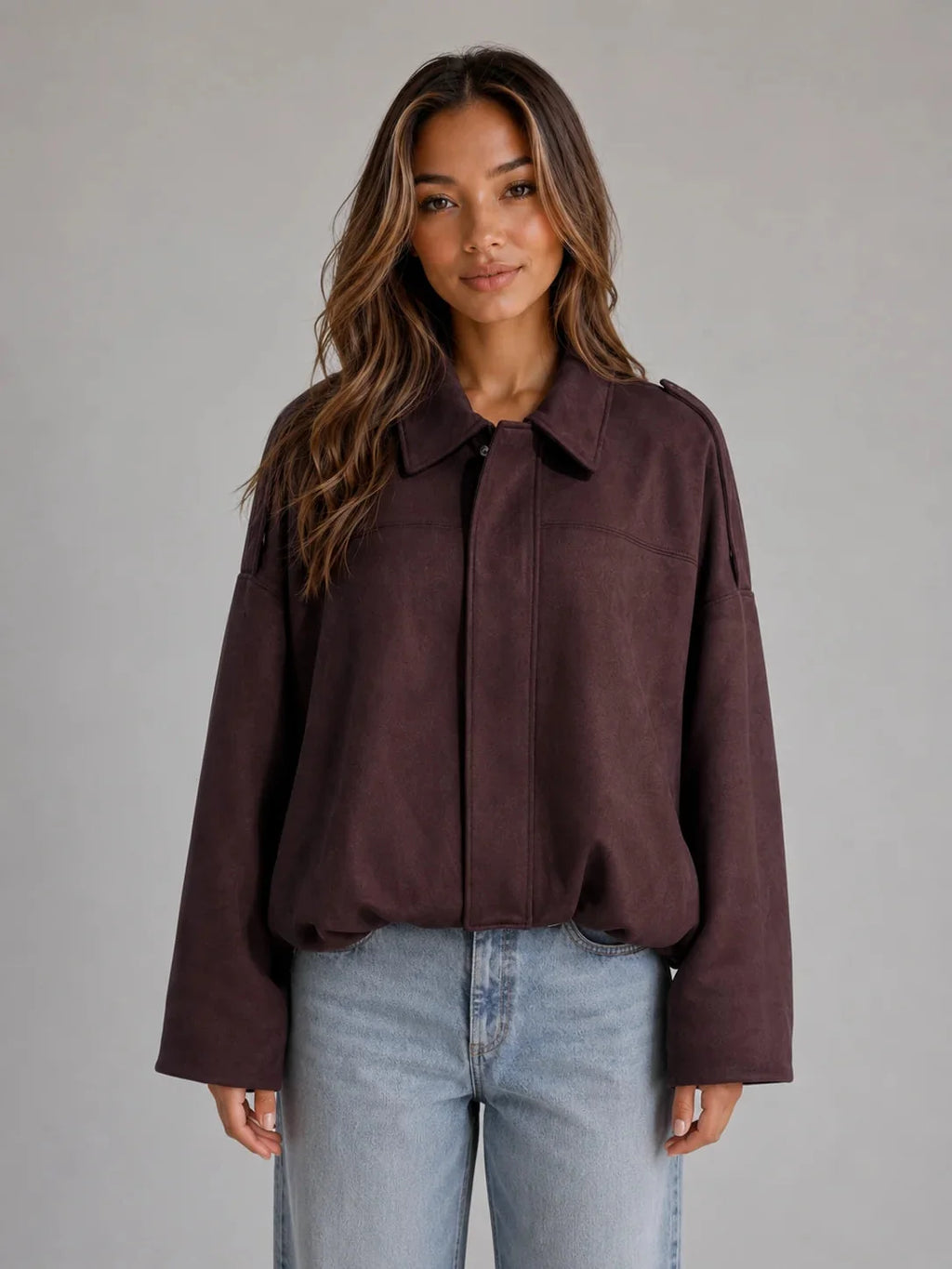 Olivia Oversized Bomber Jacket – Brushed Folded Collar Drop Shoulder Outerwear