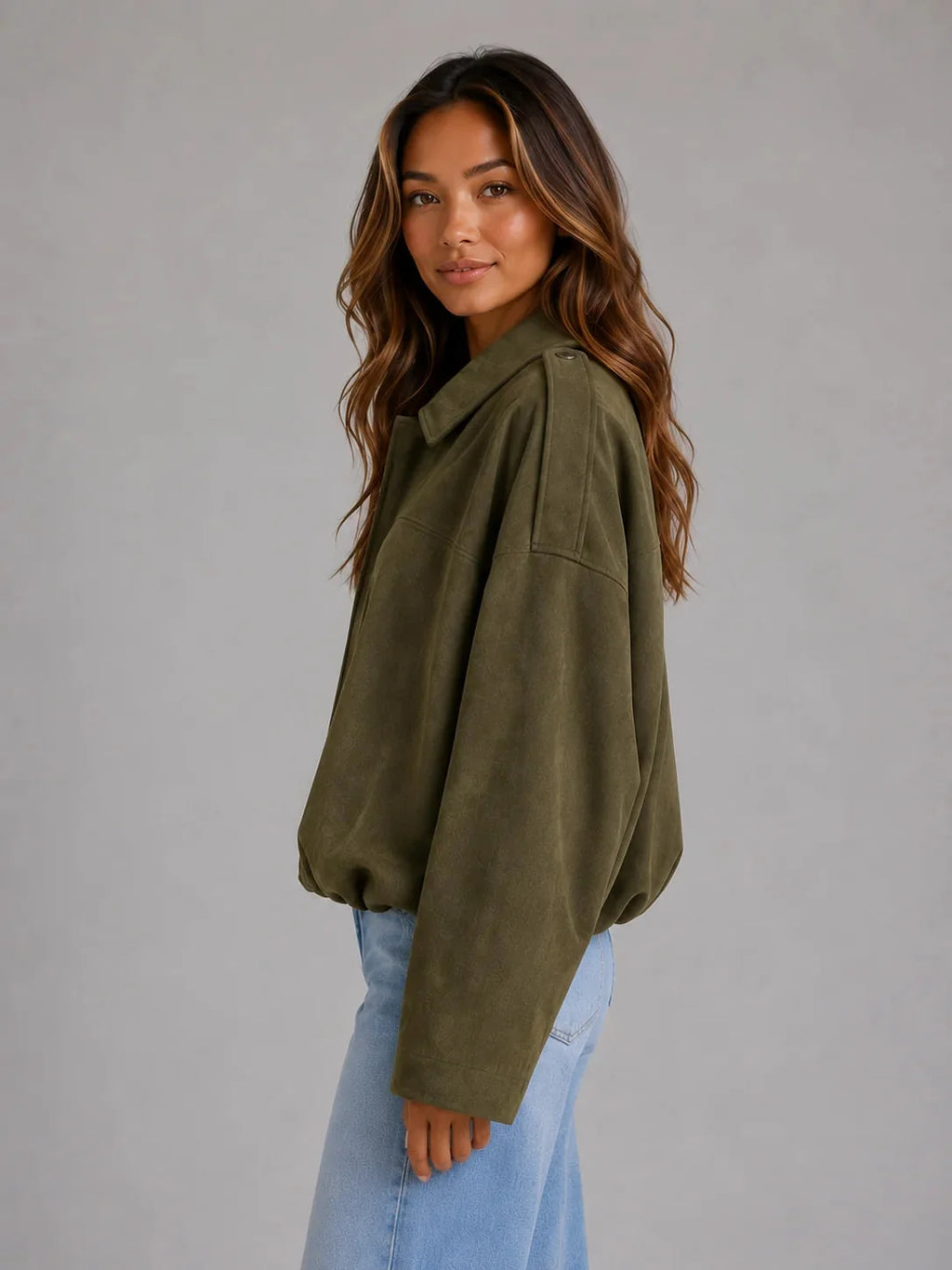 Olivia Oversized Bomber Jacket – Brushed Folded Collar Drop Shoulder Outerwear