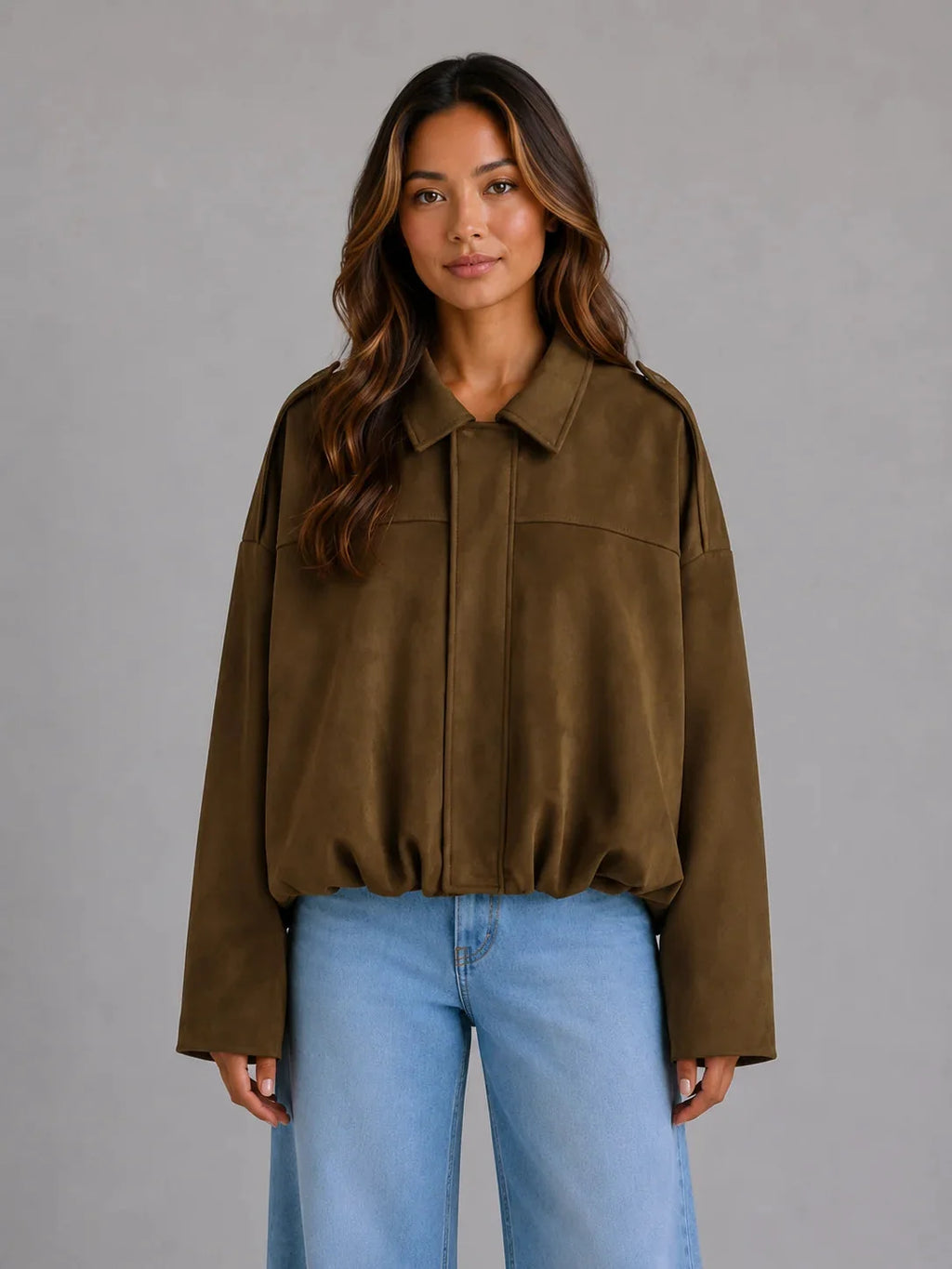 Olivia Oversized Bomber Jacket – Brushed Folded Collar Drop Shoulder Outerwear
